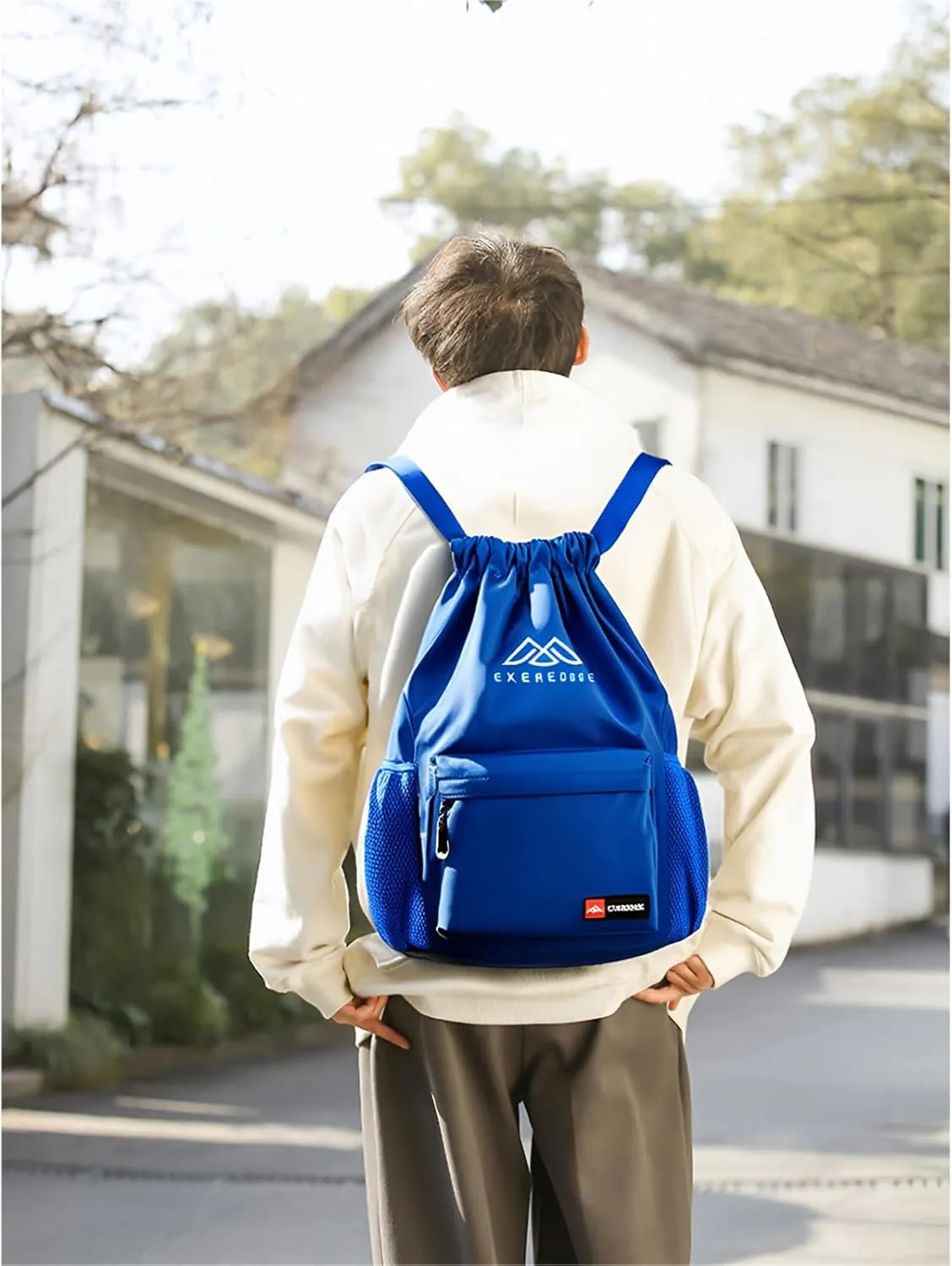 Drawstring Backpack for Women Men Sport Gym Bag Water Resistant Backpack Sandproof Beach Bag With Mesh Pockets (Blue)