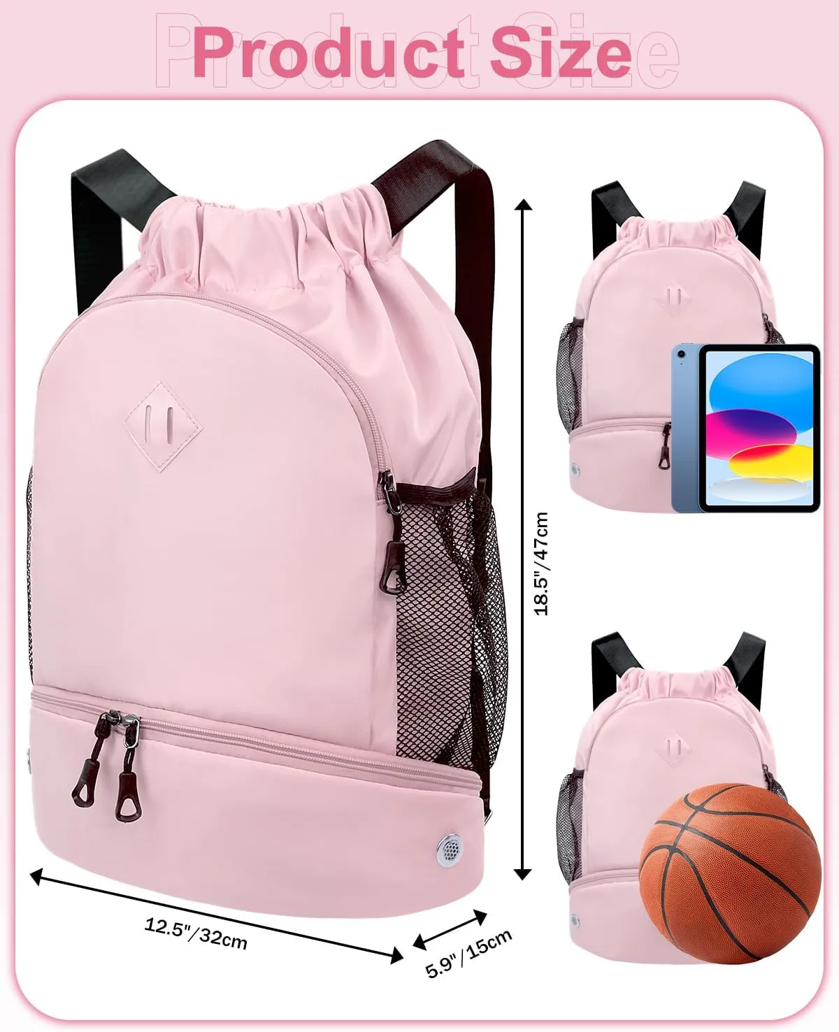 Drawstring Backpack Gym Backpack with Shoe Compartment for Men Women String Sports Bag with Wet Pocket Cinch Swim Beach Bag, Pink (Patent Pending)