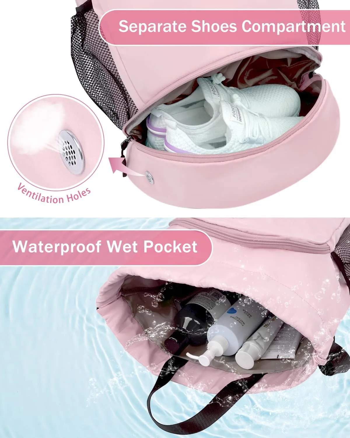 Drawstring Backpack Gym Backpack with Shoe Compartment for Men Women String Sports Bag with Wet Pocket Cinch Swim Beach Bag, Pink (Patent Pending)
