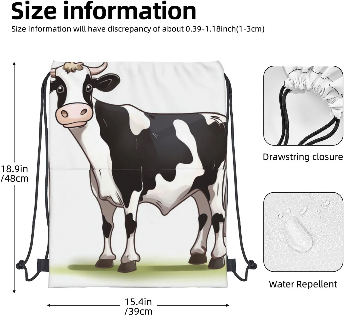 Drawstring Backpack Gym Bag Cinch Bag Draw String Back Bag Dairy Cow Drawstring Bags for Travel