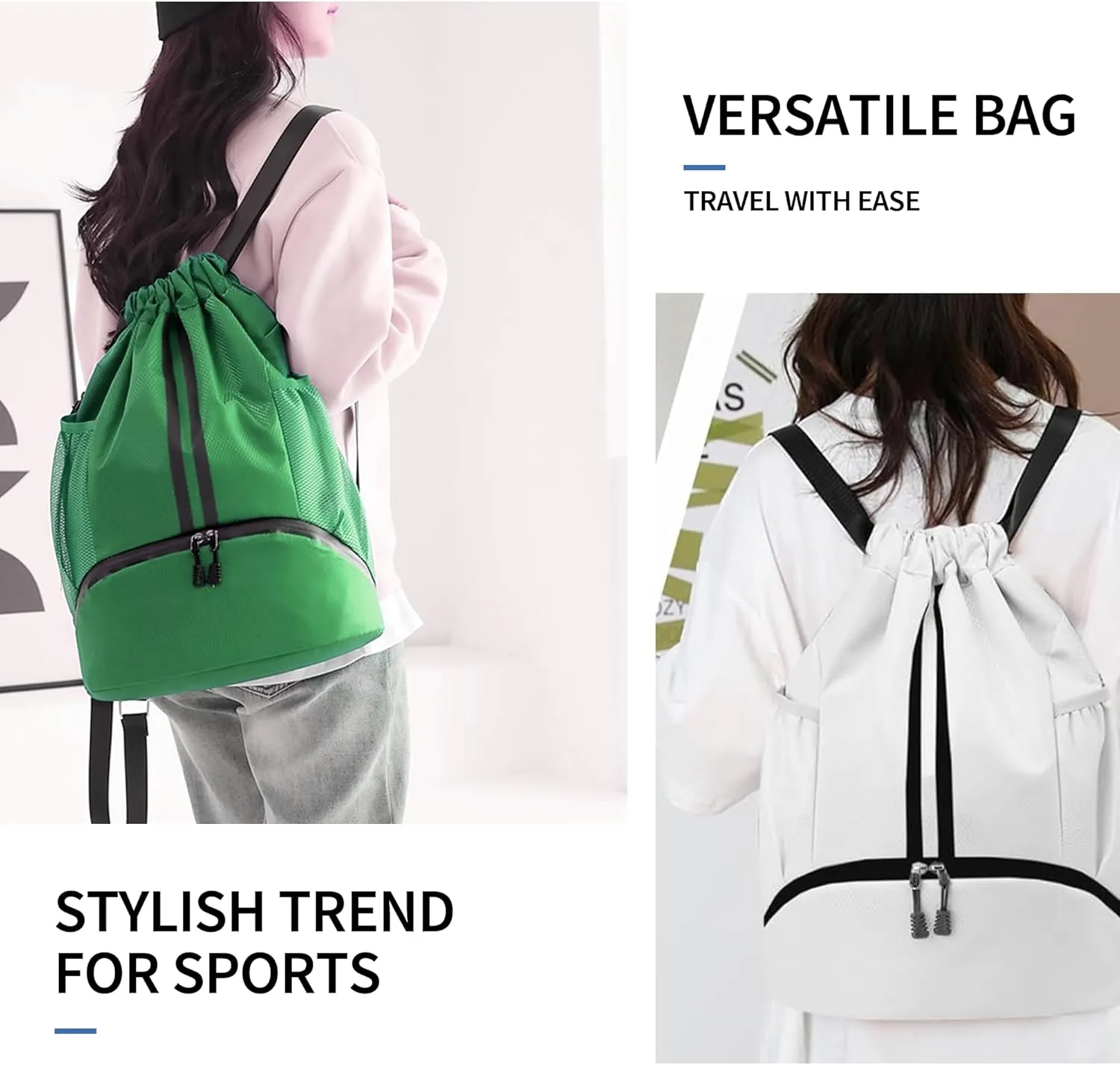 Drawstring Backpack Gym Bag with Shoes Compartment for Soccer, Basketball, Swim, Water-Resistant String Backpack Beach Cinch for Women Men, Dark Green