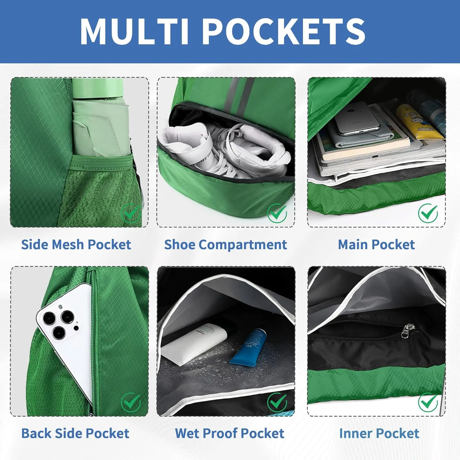 Drawstring Backpack Gym Bag with Shoes Compartment for Soccer, Basketball, Swim, Water-Resistant String Backpack Beach Cinch for Women Men, Dark Green
