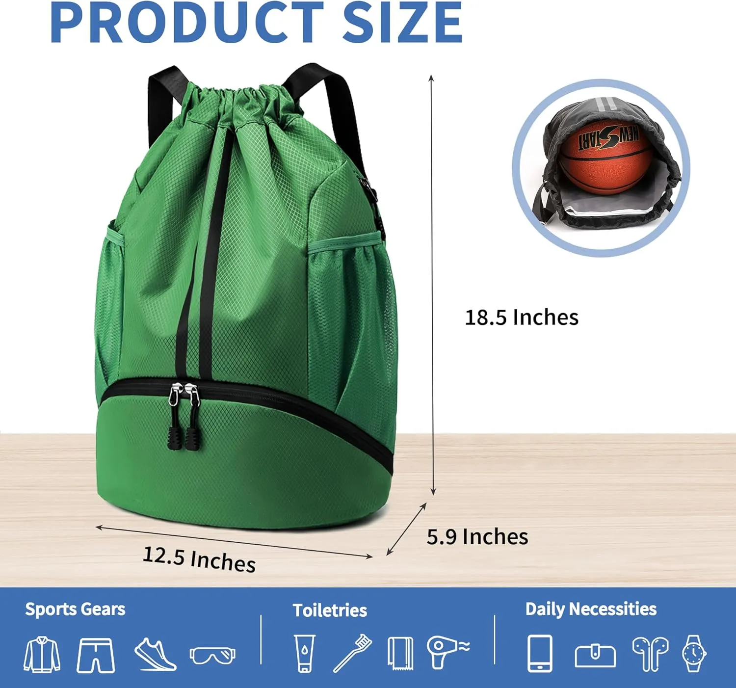 Drawstring Backpack Gym Bag with Shoes Compartment for Soccer, Basketball, Swim, Water-Resistant String Backpack Beach Cinch for Women Men, Dark Green