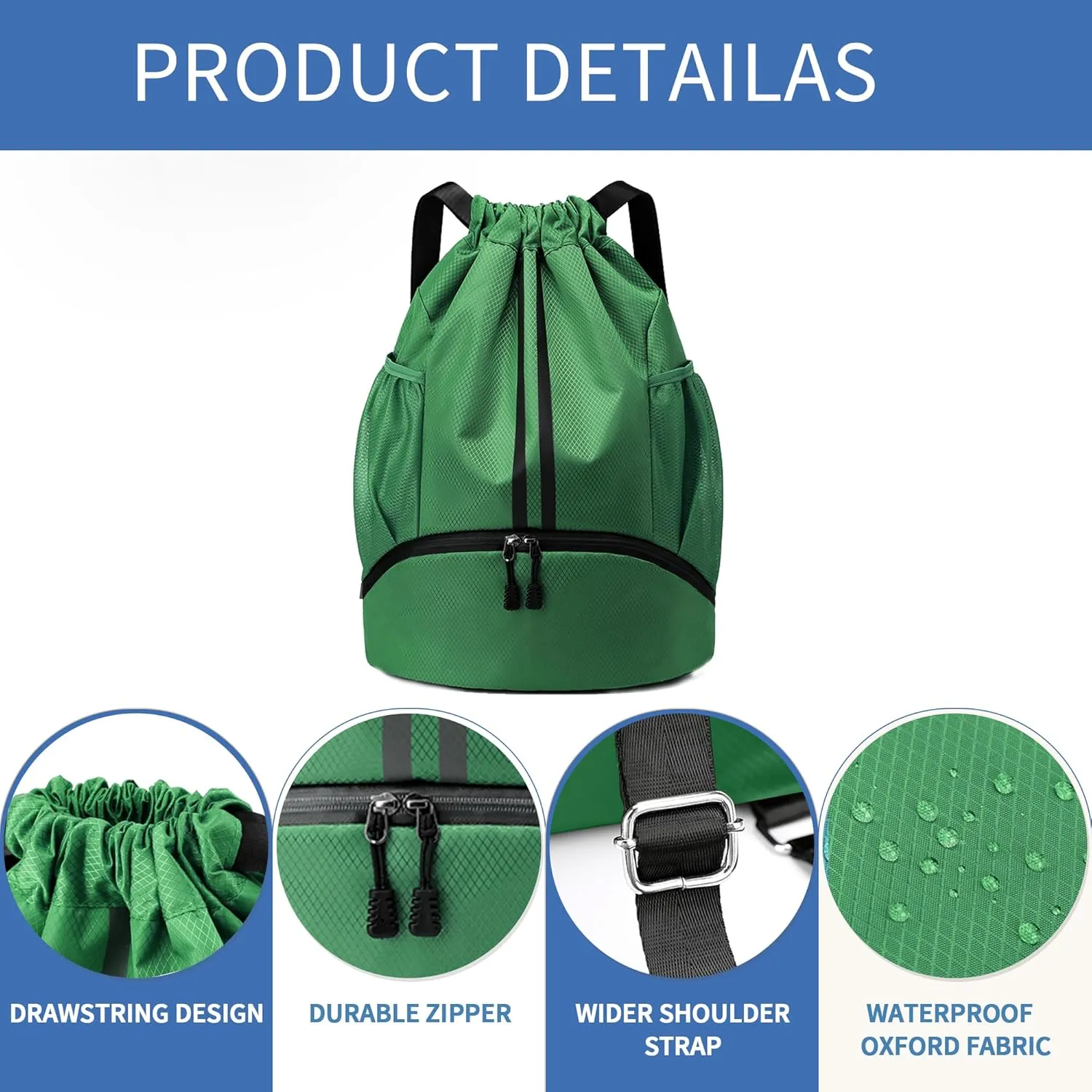 Drawstring Backpack Gym Bag with Shoes Compartment for Soccer, Basketball, Swim, Water-Resistant String Backpack Beach Cinch for Women Men, Dark Green