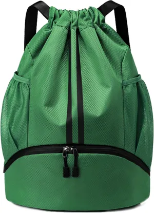 Drawstring Backpack Gym Bag with Shoes Compartment for Soccer, Basketball, Swim, Water-Resistant String Backpack Beach Cinch for Women Men, Dark Green