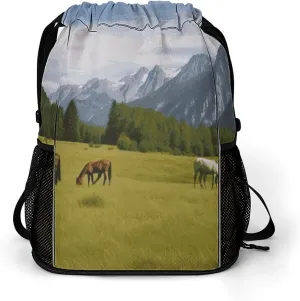 Drawstring Backpack Mountain Pasture Grazing Horses Printed Drawstring Bags Dry And Wet Separation Gym Sack with Shoes Compartment