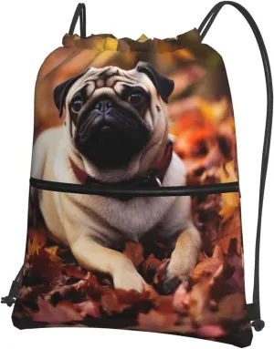 Drawstring Backpack Resistant Sackpack Fall Foliage Pug Dog Sports Gym Bag String Bag for Women Men