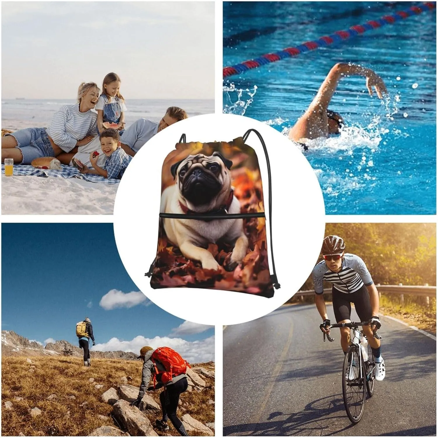 Drawstring Backpack Resistant Sackpack Fall Foliage Pug Dog Sports Gym Bag String Bag for Women Men