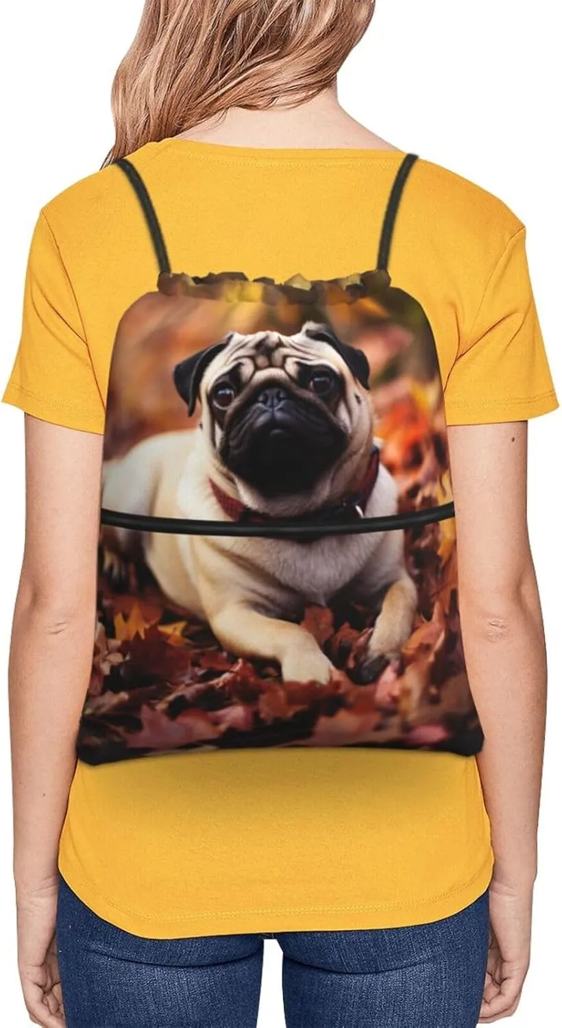 Drawstring Backpack Resistant Sackpack Fall Foliage Pug Dog Sports Gym Bag String Bag for Women Men
