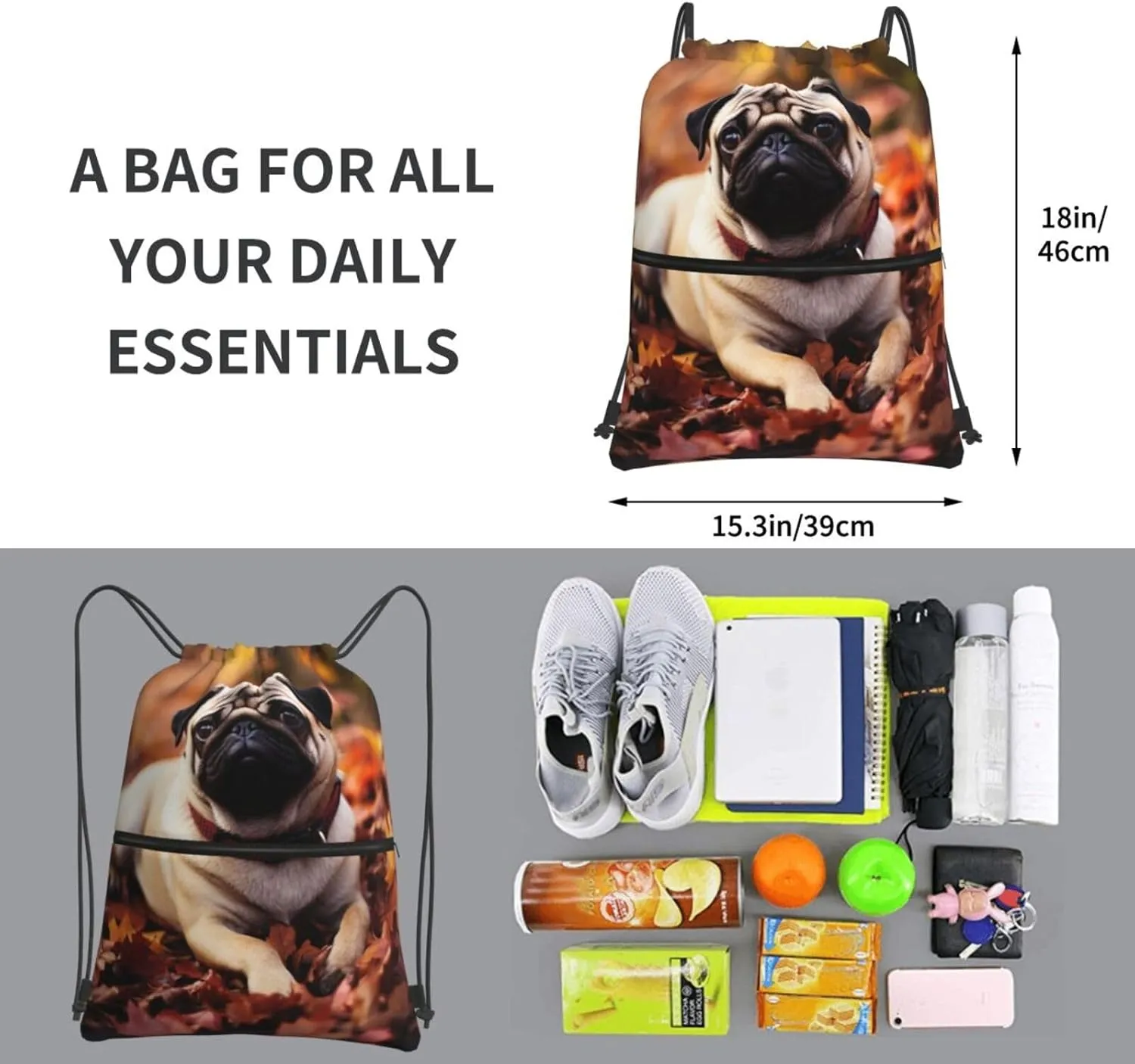 Drawstring Backpack Resistant Sackpack Fall Foliage Pug Dog Sports Gym Bag String Bag for Women Men