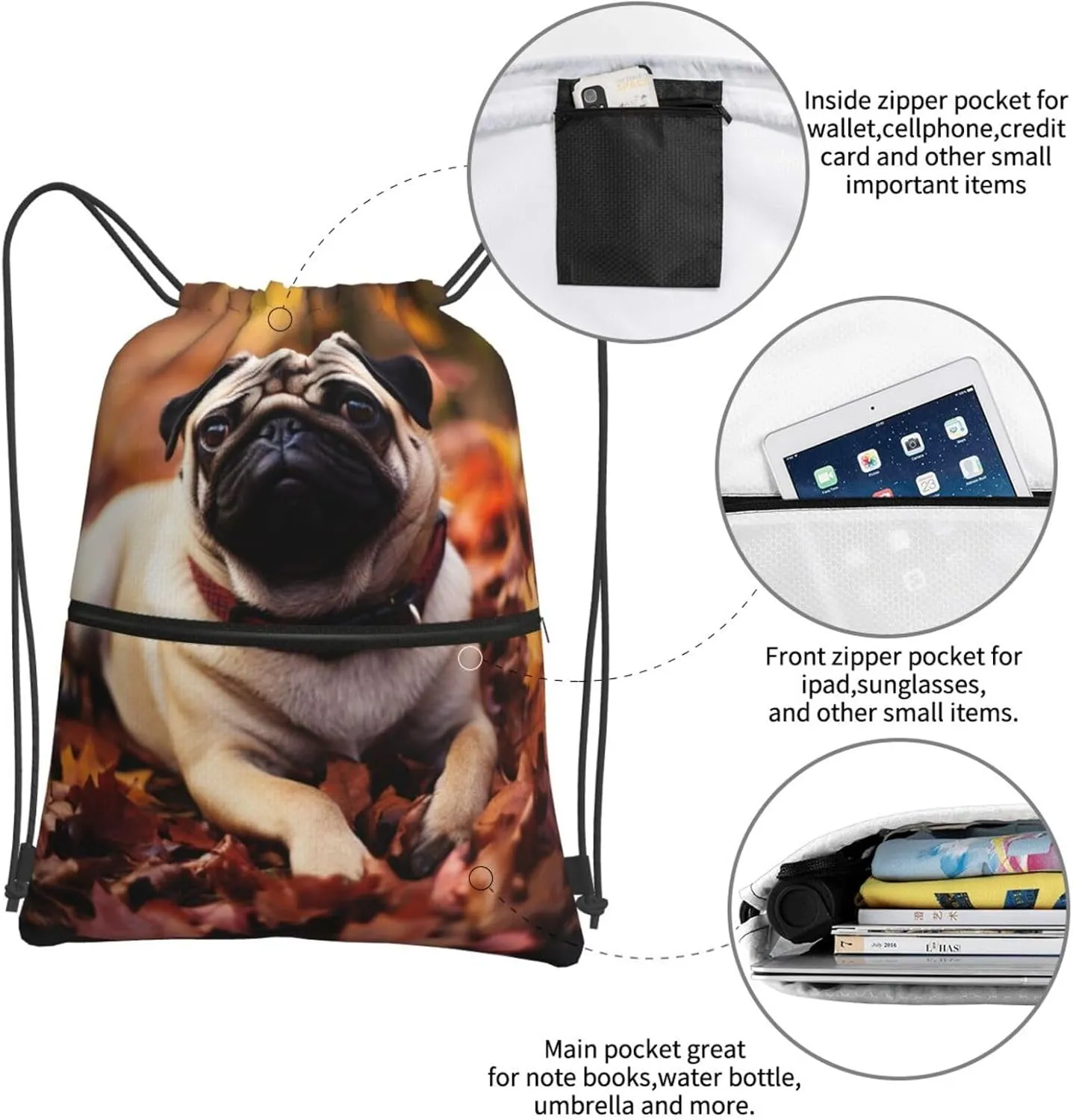 Drawstring Backpack Resistant Sackpack Fall Foliage Pug Dog Sports Gym Bag String Bag for Women Men