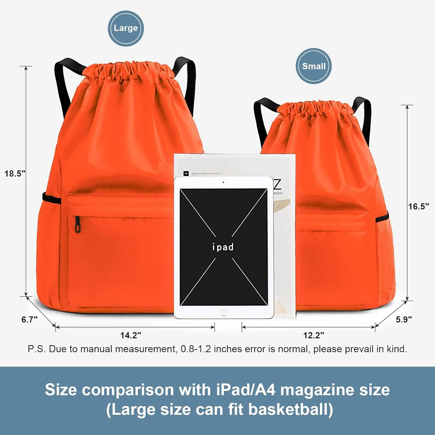 Drawstring Backpack, Small Gym Bag with Wet & Dry Compartment, Basketball Sackpack for Men Women, Sports Bag Backpack for Swim Soccer Accessories Essentials, Orange, Size L