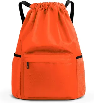 Drawstring Backpack, Small Gym Bag with Wet & Dry Compartment, Basketball Sackpack for Men Women, Sports Bag Backpack for Swim Soccer Accessories Essentials, Orange, Size L