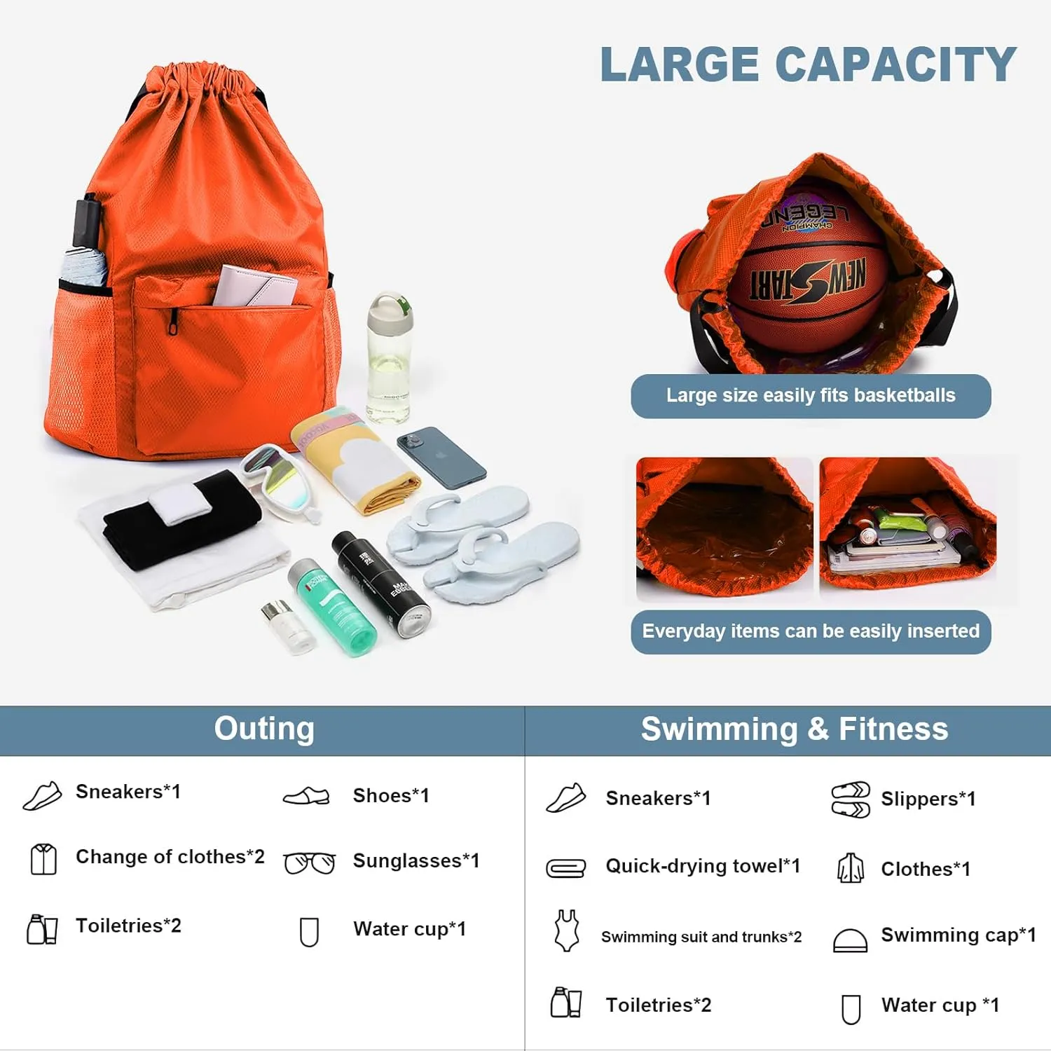 Drawstring Backpack, Small Gym Bag with Wet & Dry Compartment, Basketball Sackpack for Men Women, Sports Bag Backpack for Swim Soccer Accessories Essentials, Orange, Size L