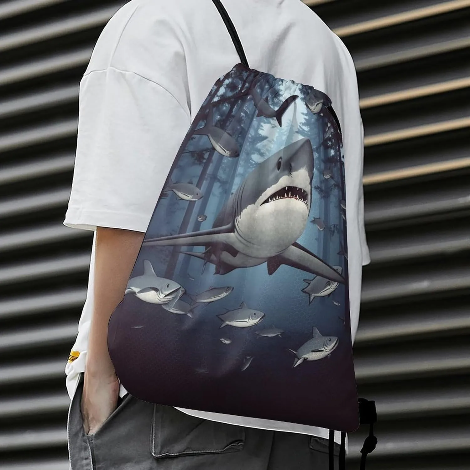Drawstring Backpack Sport Gym Bag Water Resistant Sackpack Funny Sharks Design Cinch Bag String Bag for Outdoor, 35*42cm