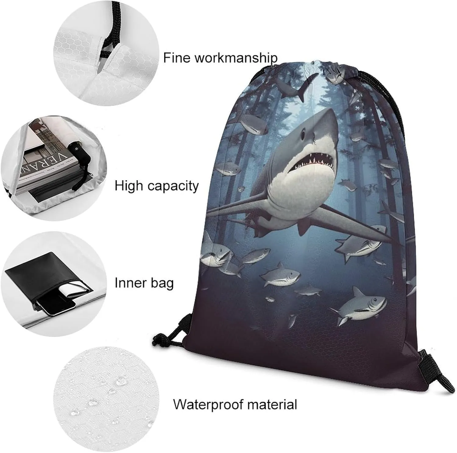 Drawstring Backpack Sport Gym Bag Water Resistant Sackpack Funny Sharks Design Cinch Bag String Bag for Outdoor, 35*42cm