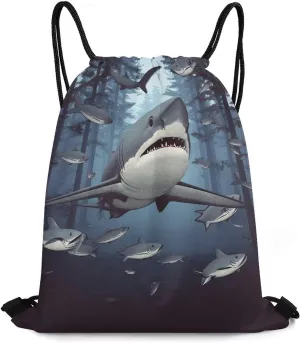 Drawstring Backpack Sport Gym Bag Water Resistant Sackpack Funny Sharks Design Cinch Bag String Bag for Outdoor, 35*42cm
