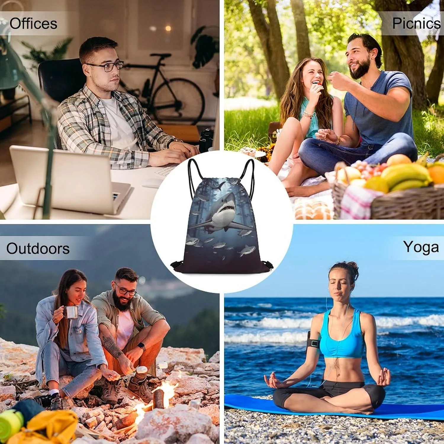Drawstring Backpack Sport Gym Bag Water Resistant Sackpack Funny Sharks Design Cinch Bag String Bag for Outdoor, 35*42cm