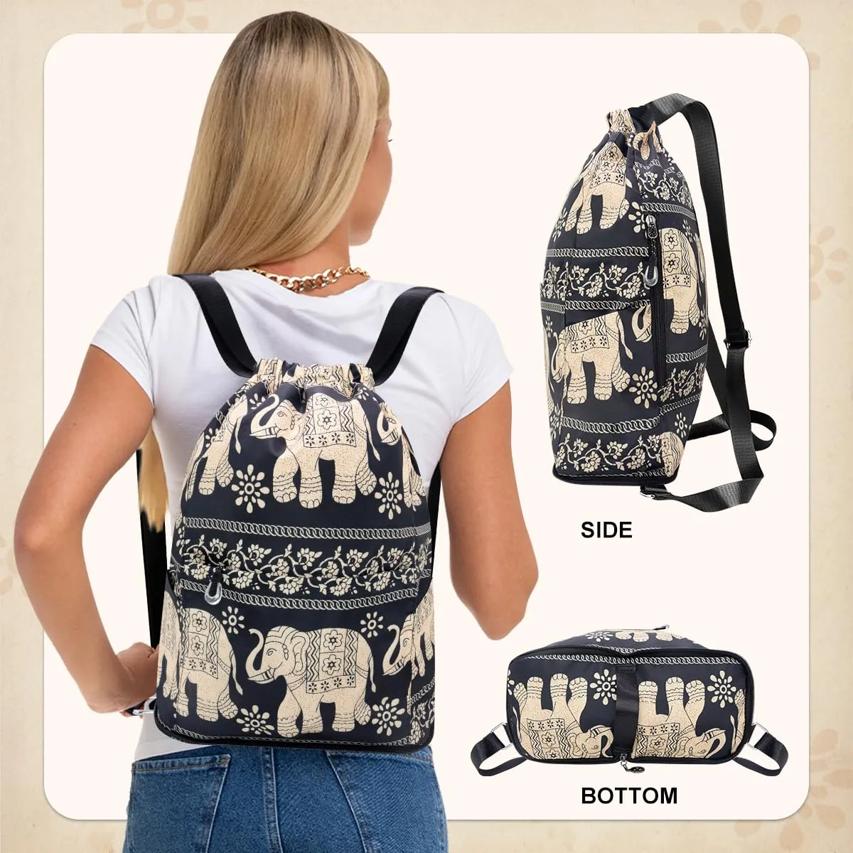 Drawstring Backpack Sports Gym Bag With Multi Pockets Elephant HLC040
