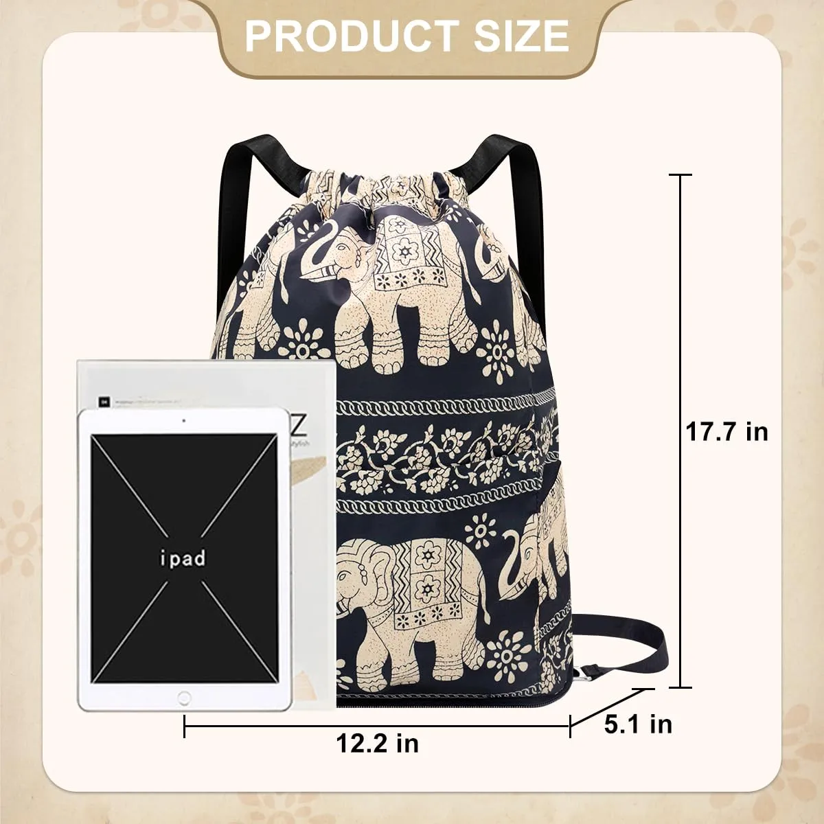 Drawstring Backpack Sports Gym Bag With Multi Pockets Elephant HLC040