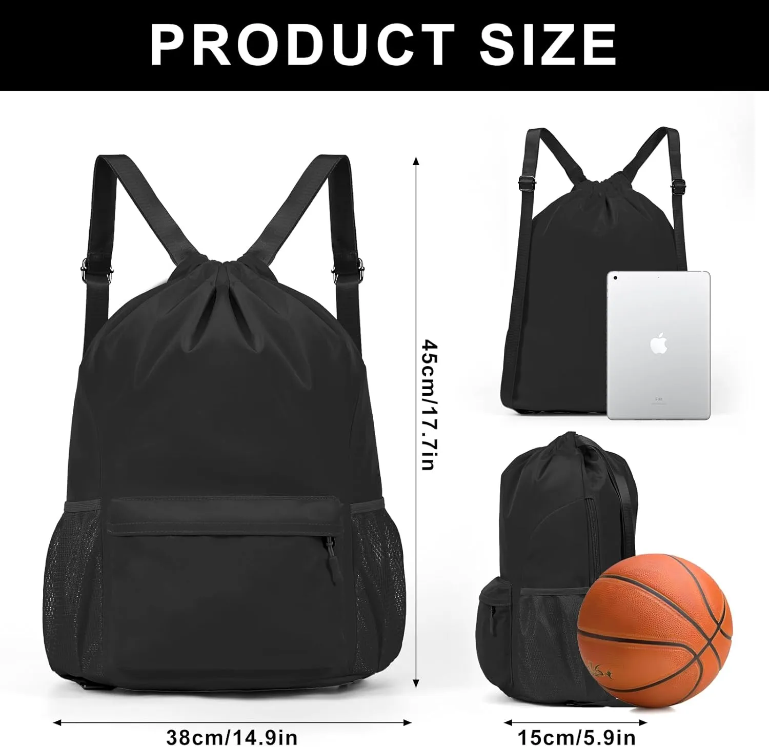 Drawstring Backpack Sports Gym Bag with Water-Resistant Large Capacity String Swim Backpack Side Mesh Pocket for Men Women (Black)