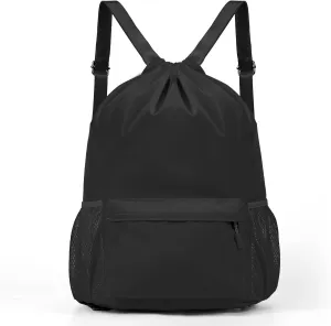 Drawstring Backpack Sports Gym Bag with Water-Resistant Large Capacity String Swim Backpack Side Mesh Pocket for Men Women (Black)