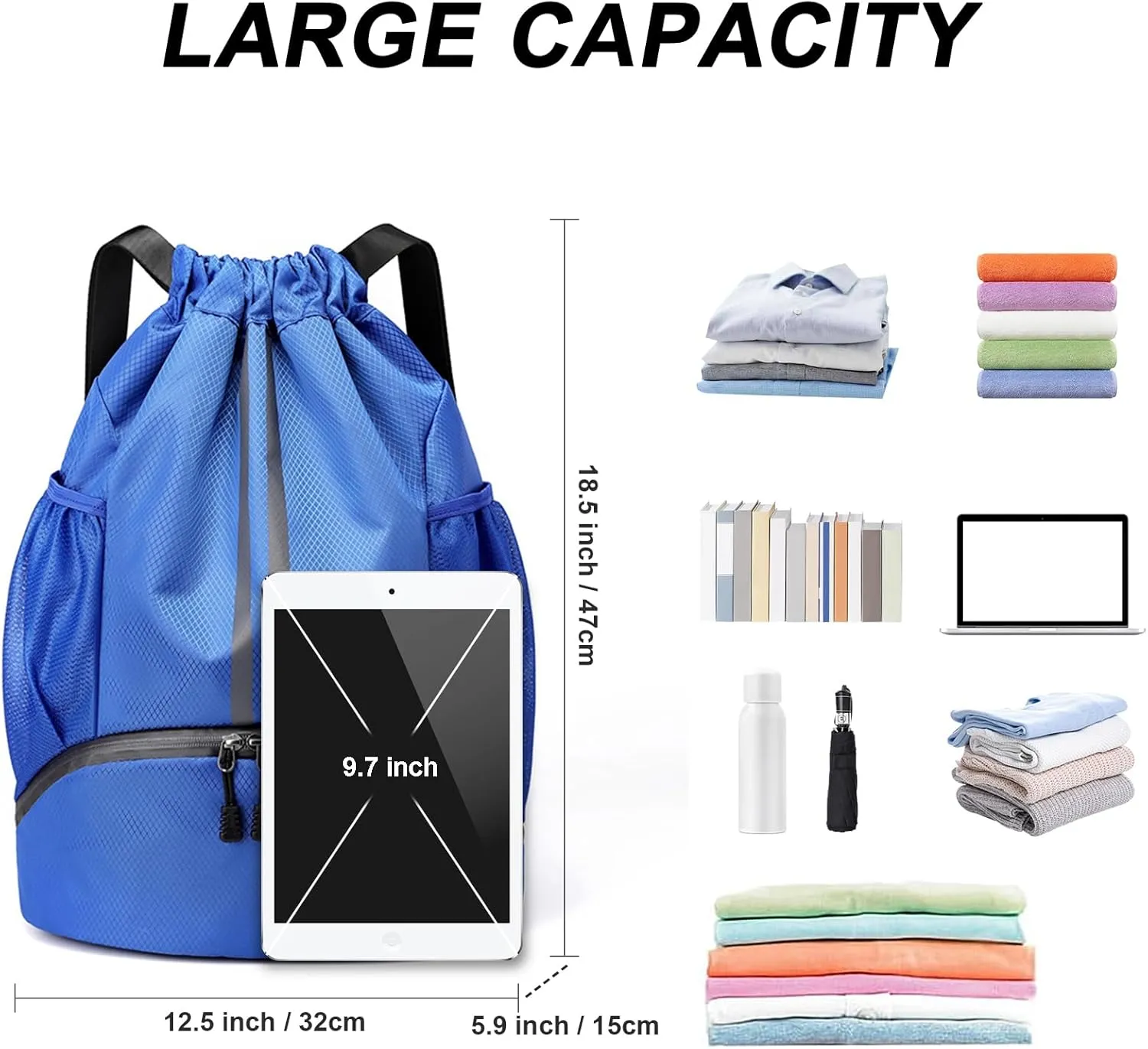 Drawstring Backpack, Waterproof Drawstring Sports Gym Bag with Shoe Compartment and Side Pockets, Drawstring Bag with Reflective Strip for Men Women, Large Size for Sports, Gym, Travel (Blue)