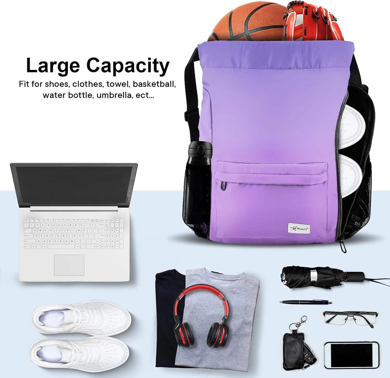 Drawstring Backpack with Mesh Pockets String Gym Bag Sackpack Sandproof Water Resistant Beach Backpack for Men Women