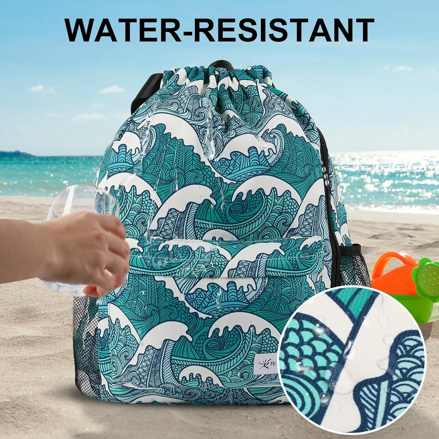 Drawstring Backpack with Mesh Pockets String Gym Bag Sackpack Sandproof Water Resistant Beach Backpack for Men Women