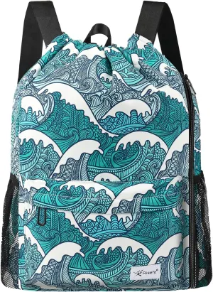 Drawstring Backpack with Mesh Pockets String Gym Bag Sackpack Sandproof Water Resistant Beach Backpack for Men Women