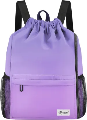 Drawstring Backpack with Mesh Pockets String Gym Bag Sackpack Sandproof Water Resistant Beach Backpack for Men Women