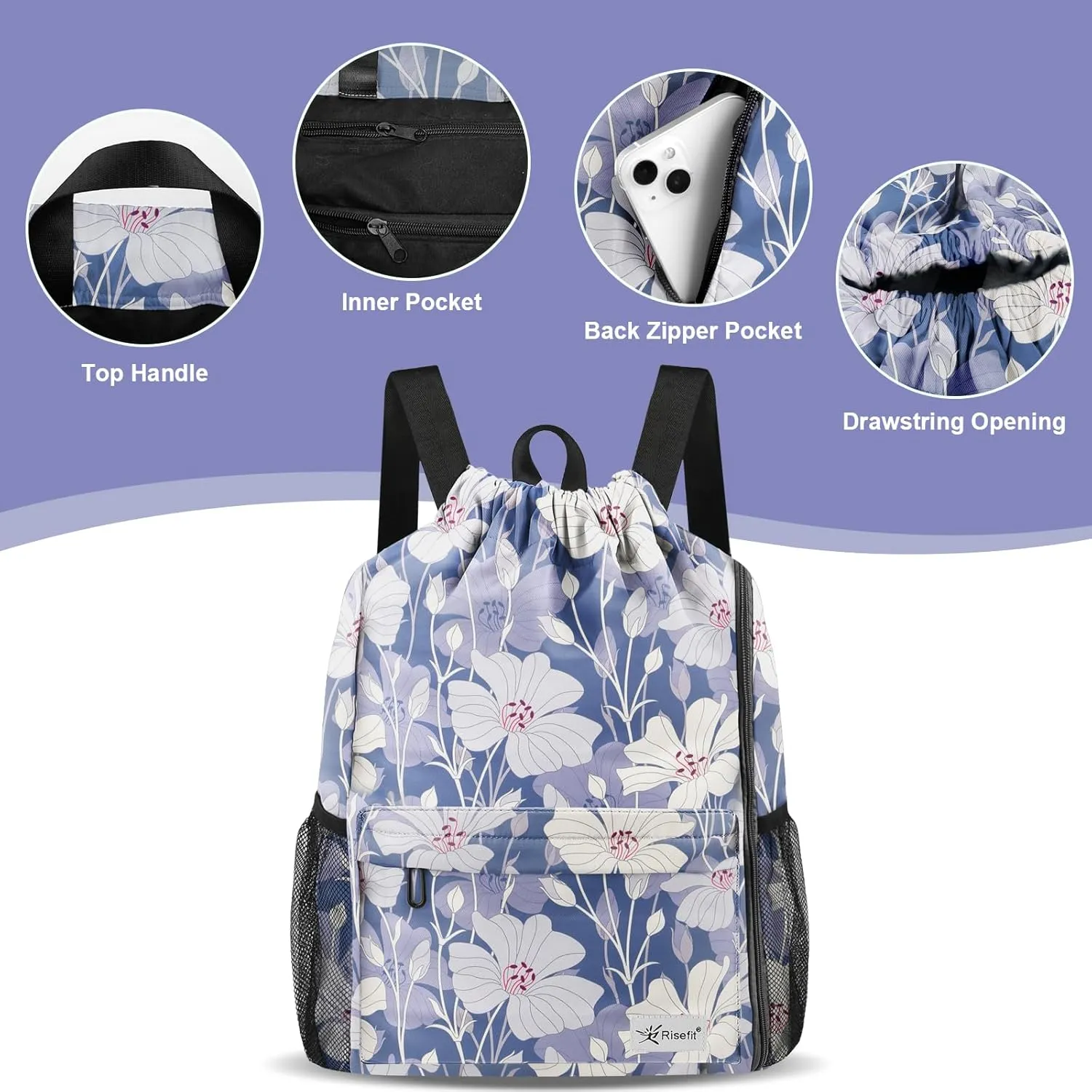 Drawstring Backpack with Mesh Pockets String Gym Bag Sackpack Sandproof Water Resistant Beach Backpack for Men Women