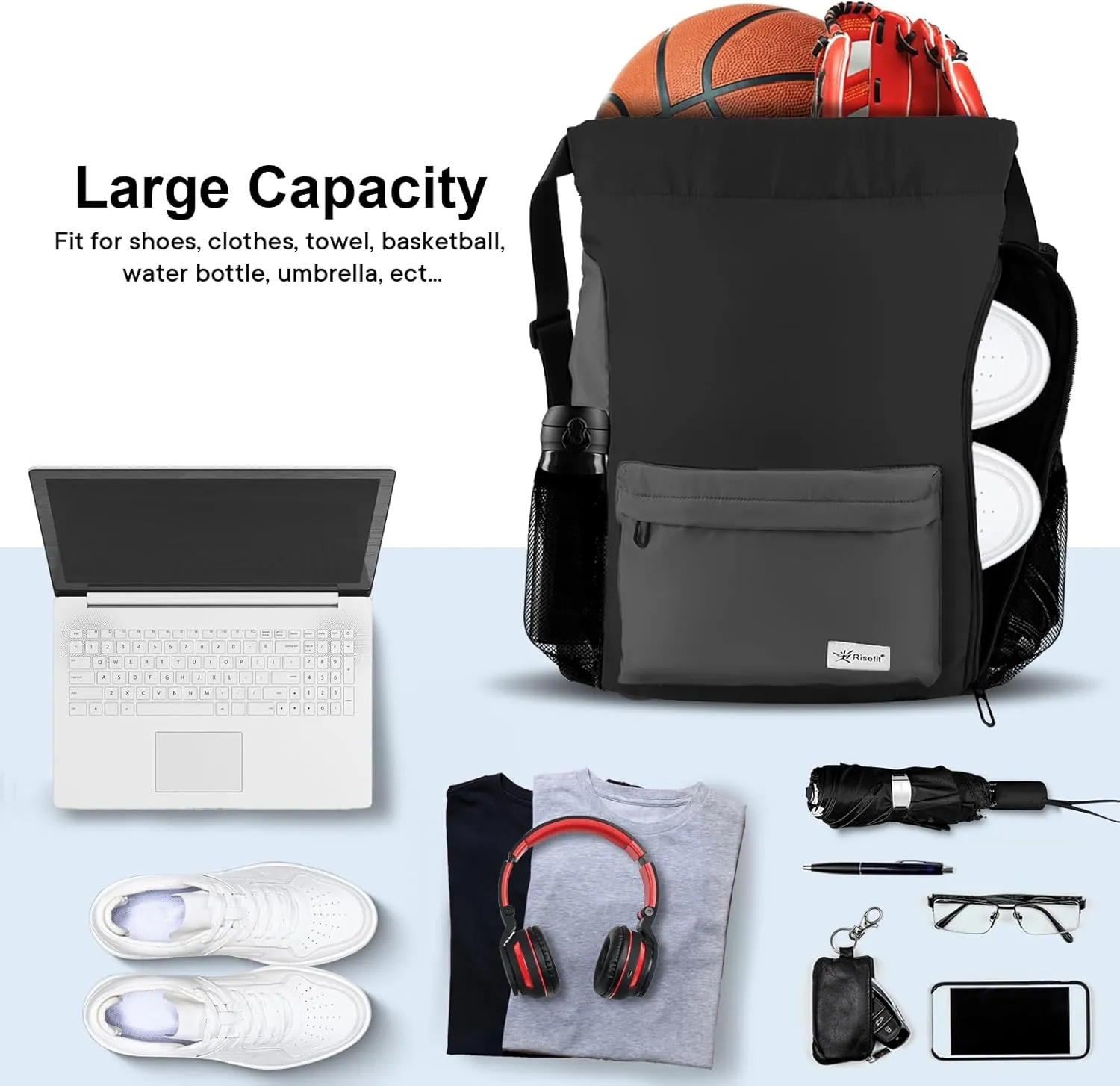 Drawstring Backpack with Mesh Pockets String Gym Bag Sackpack Sandproof Water Resistant Beach Backpack for Men Women
