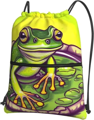 Drawstring Backpack with Zip Pockets, Frog in a pond Print String Bag Lightweight Gym Sack, Hiking, Yoga