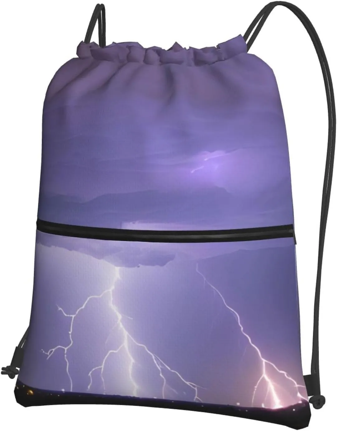 Drawstring Backpack with Zip Pockets, Lightning Storm Print String Bag Lightweight Gym Sack, Hiking, Yoga