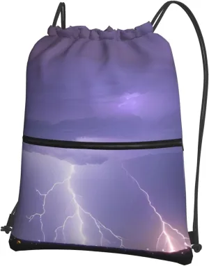 Drawstring Backpack with Zip Pockets, Lightning Storm Print String Bag Lightweight Gym Sack, Hiking, Yoga