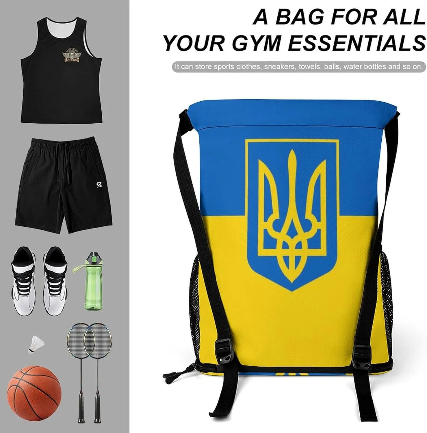 Drawstring Storage Bags, Water Resistant String Backpack Sports Sackpack for Men Women, Ukraine Coat Flag Lightweight Gym Bag