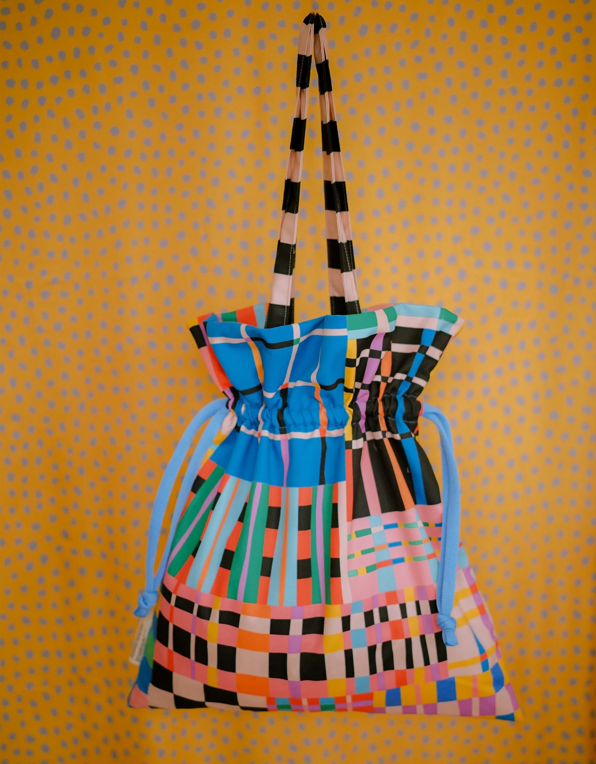 Drawstring Tote Bag - Plaids Black