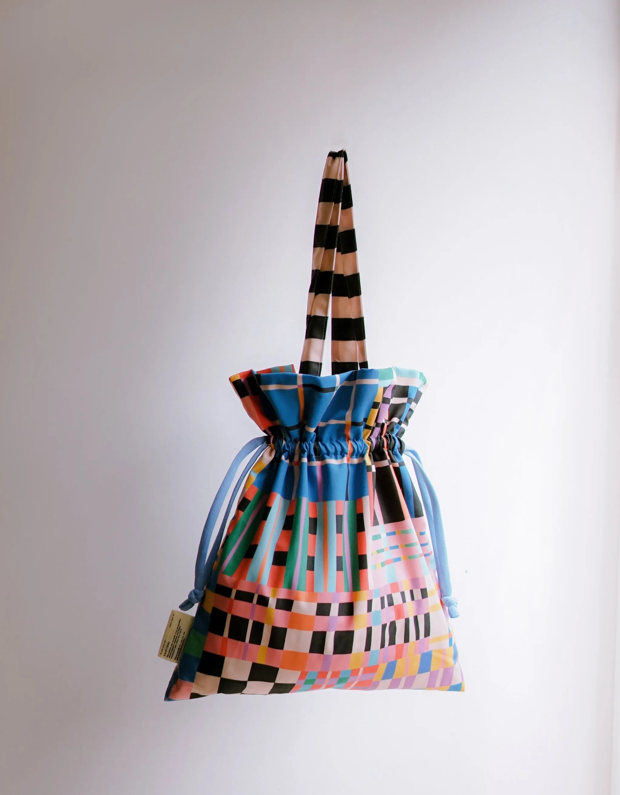 Drawstring Tote Bag - Plaids Black