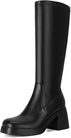 Dsevht Dark Red Leather Knee High Boots for Women Platform Chunky Block Heeled Burgundy Boots Square Toe and Side Zipper Design Fashion Dress 70s Gogo Boots