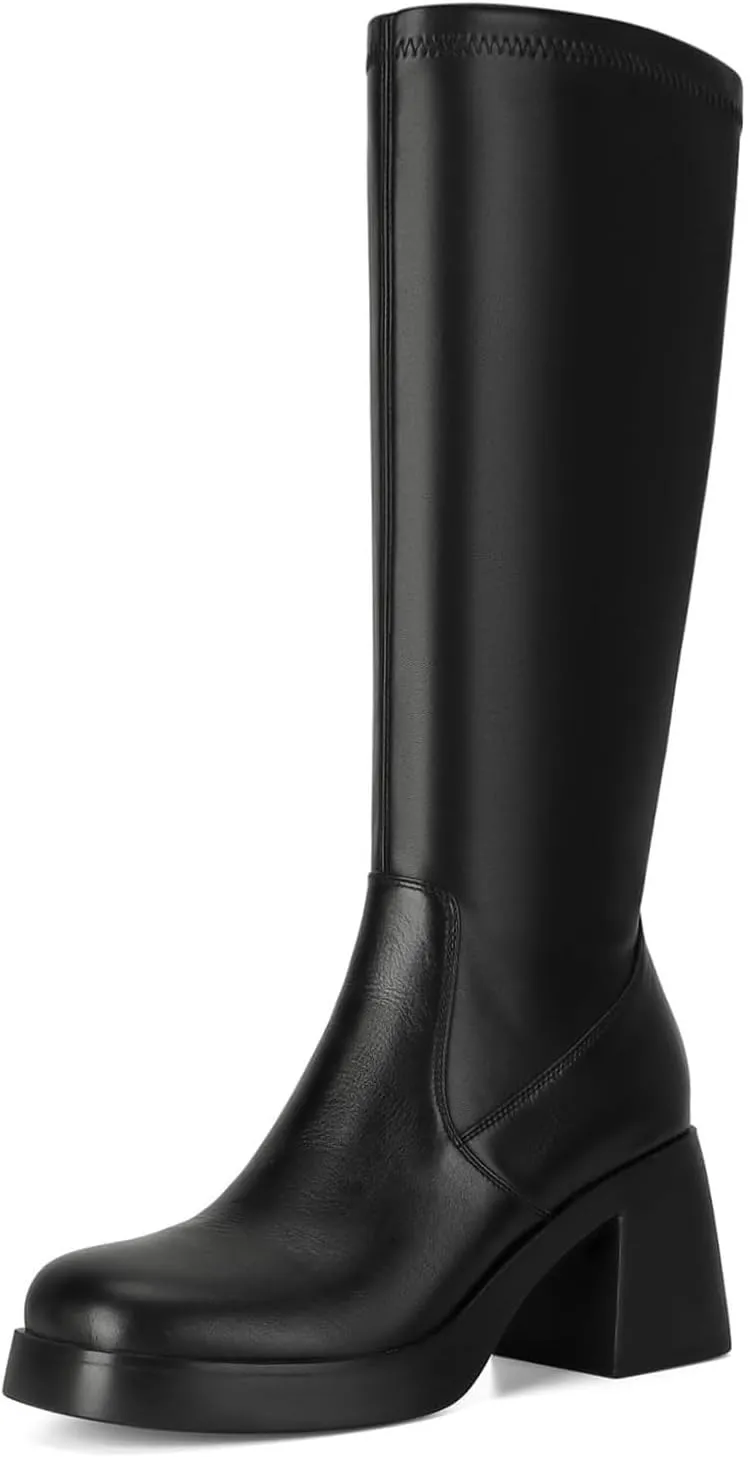 Dsevht Dark Red Leather Knee High Boots for Women Platform Chunky Block Heeled Burgundy Boots Square Toe and Side Zipper Design Fashion Dress 70s Gogo Boots