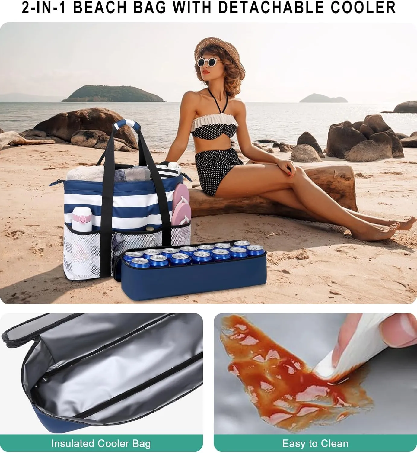 DSIUE Beach Bags with Cooler - Waterproof Sandproof Tote for Women - Large Pool Gym Travel Bag