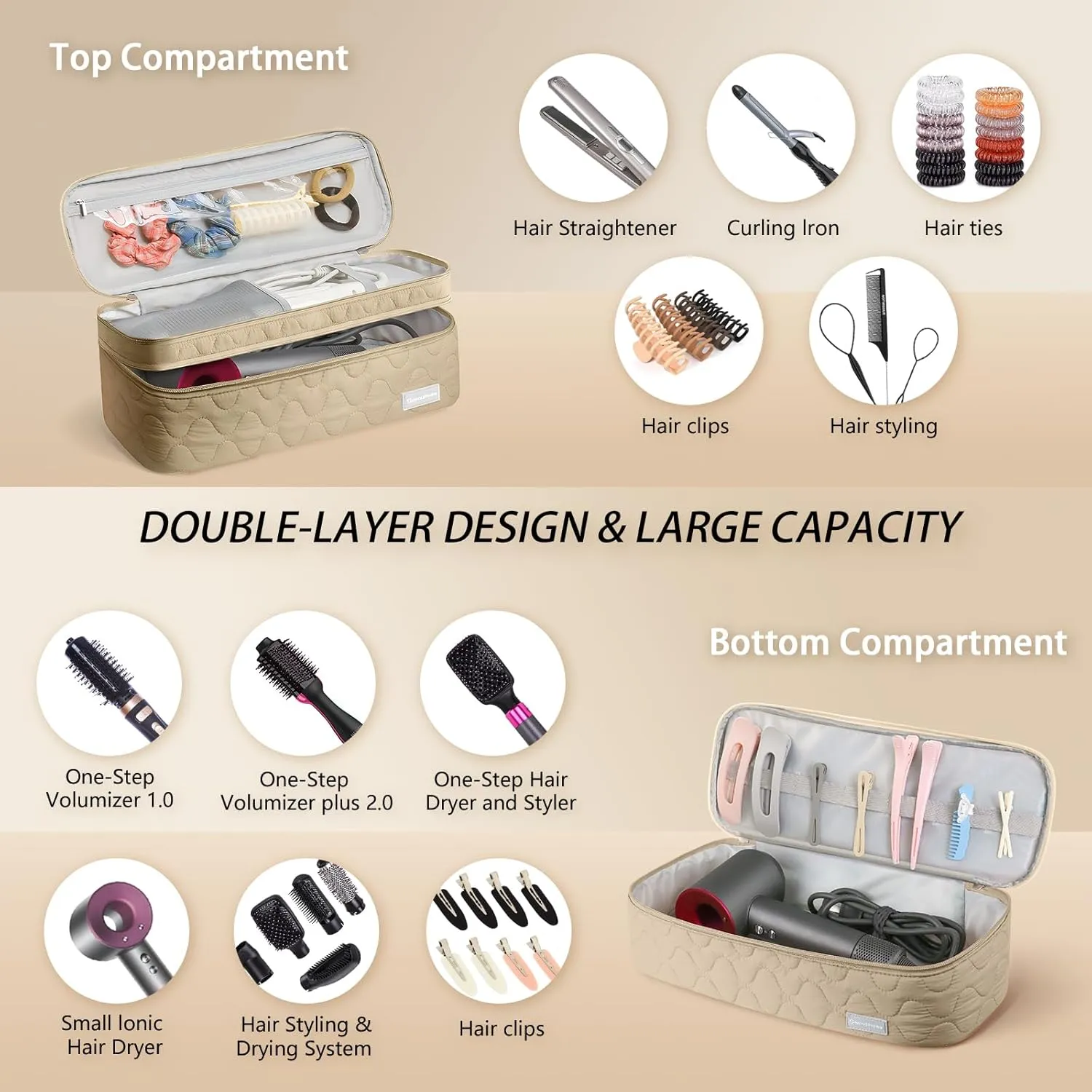 Dual Layer Travel Carrying Case, Quilted Shark Flexstyle Carrying Case for Revlon One-Step Hair Dryer/Hot Tool/Styler/Stylist, Compatible with Shark FlexStyle Attachments (Bag Only) Khaki