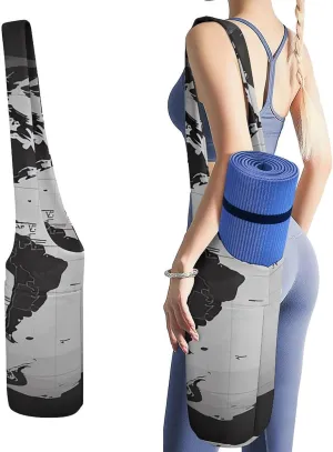 Durable Yoga Mat Carrier Bag with Strap Black And White World Map Printed Large Capacity Yoga Mat Storage Bag Portable Gym Bag for Most Yoga Mats Men Women Pilates