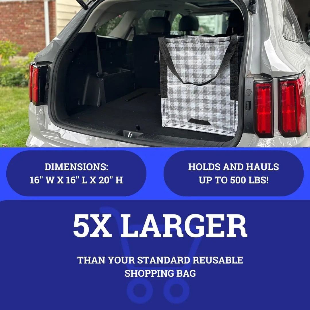 DURASACK Heavy Duty Storage Tote Bag 22-Gallon Rugged Woven Polypropylene Moving Bag, Reusable Self-Standing Design, Holds up to 500 Pounds, Pack of 4, Gingham Gray