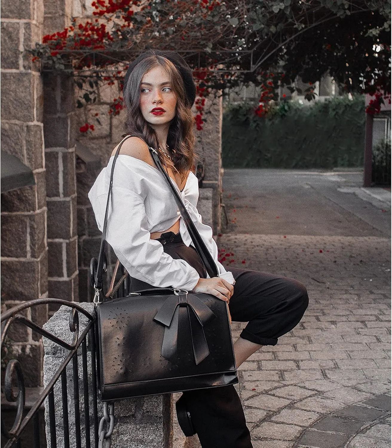 ECOSUSI Women's Briefcase Vegan Leather Laptop Bag for Work Shoulder Computer Satchel Bag with Detachable Bow