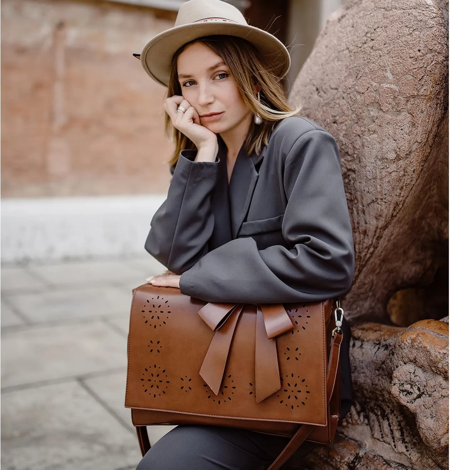 ECOSUSI Women's Briefcase Vegan Leather Laptop Bag for Work Shoulder Computer Satchel Bag with Detachable Bow