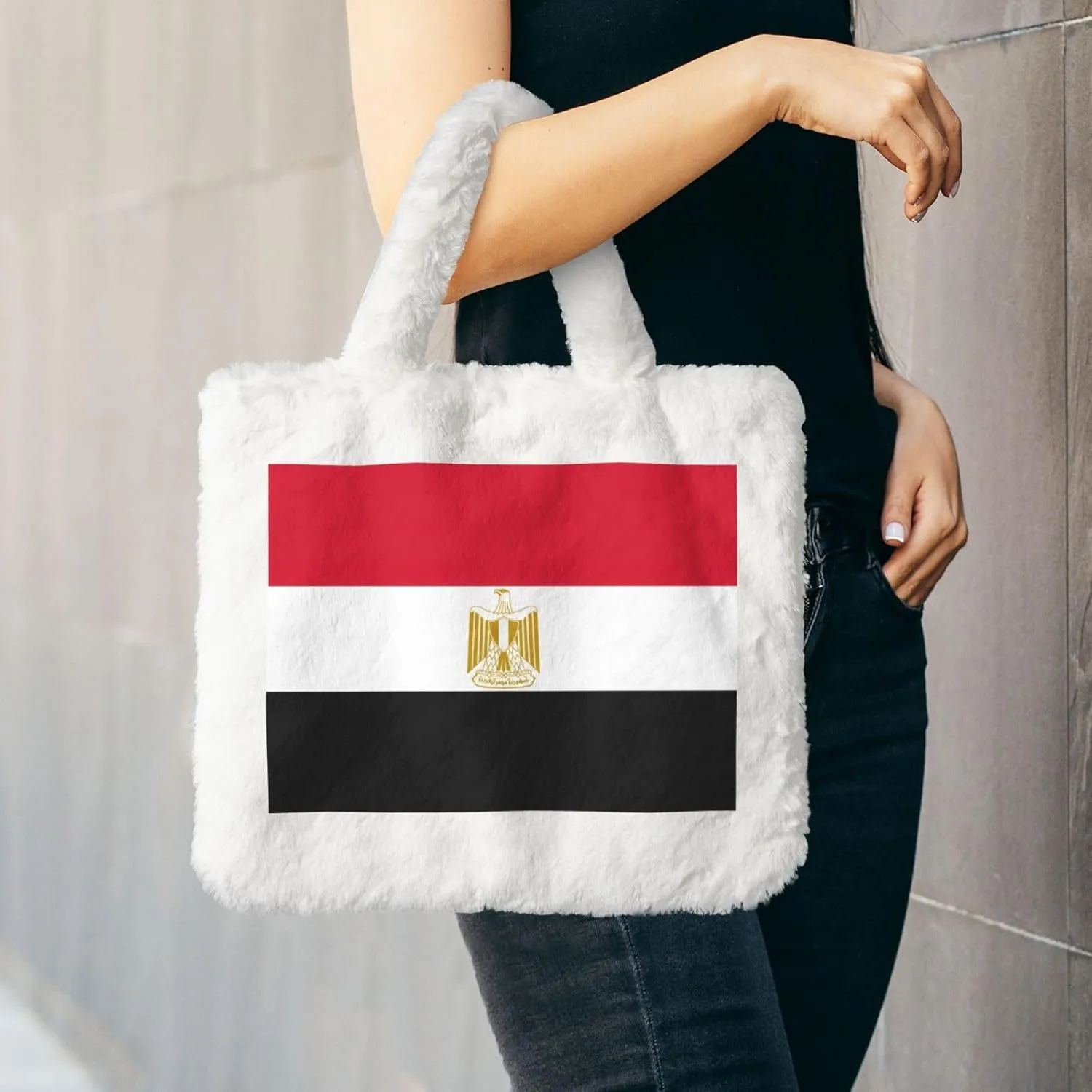 Egyptian Flag Printing Fluffy Shoulder Bag Ladies Plush Underarm Bag Tote Bag Furry Purse Handbag For Work Travel