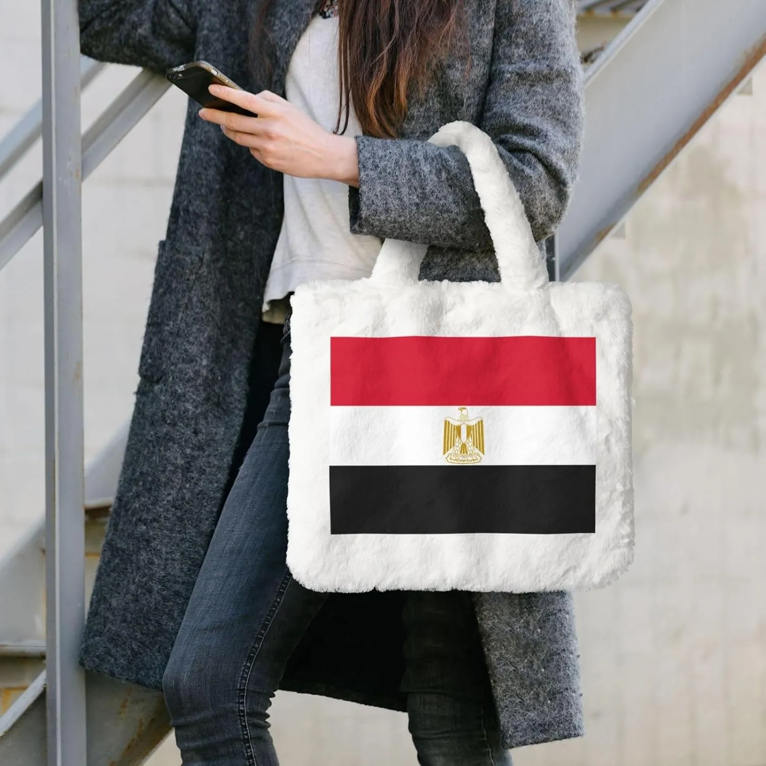 Egyptian Flag Printing Fluffy Shoulder Bag Ladies Plush Underarm Bag Tote Bag Furry Purse Handbag For Work Travel