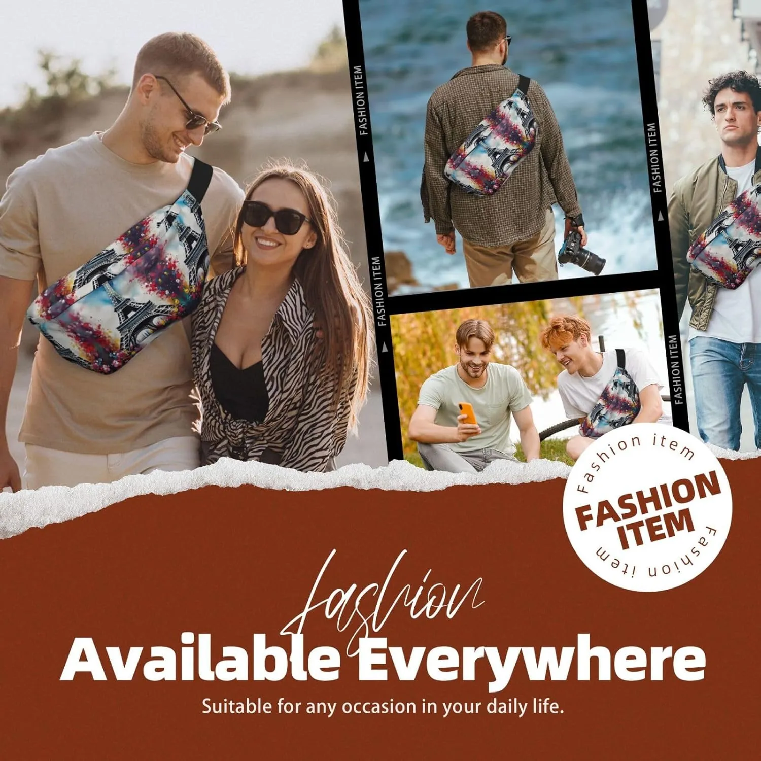 Eiffel Tower Paris Painting Fanny Pack Crossbody Sling Bag â€“ Zipper Pockets for Travel, Hiking, Cycling, Workouts, and Everyday Use